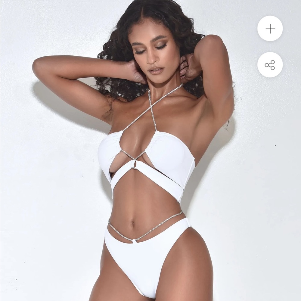 White Crystal String Lace Up Bikini Bottom & White Lace Up Bikini Top Set!